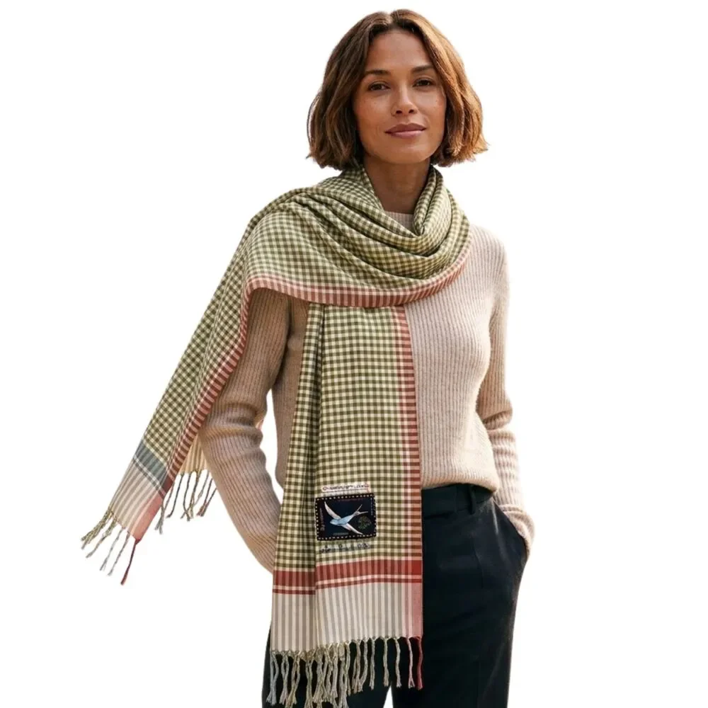 en Soie Zurich Satu Scarf 160 100% Silk Vichy Check Gingham Embroidered Sparrow